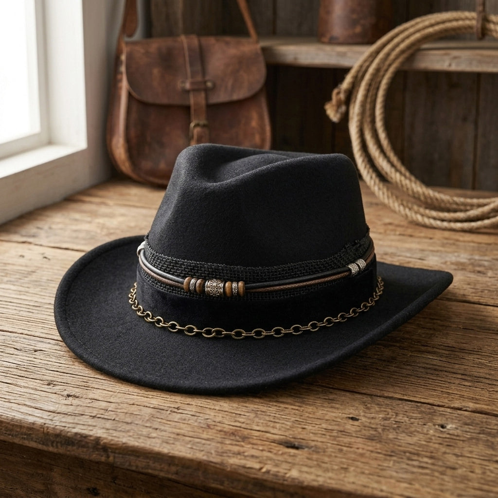 Black Wool Felt Western Fedora with Beaded Chain Band