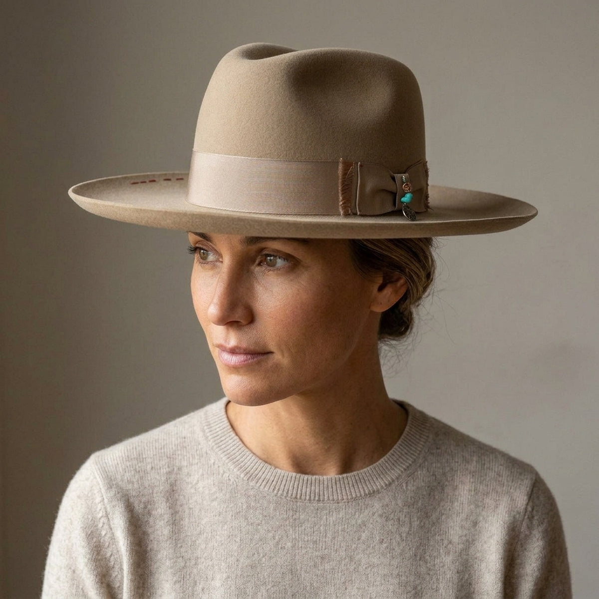 Camel Wool Felt Fedora with Grosgrain Band and Feather Bead Trim