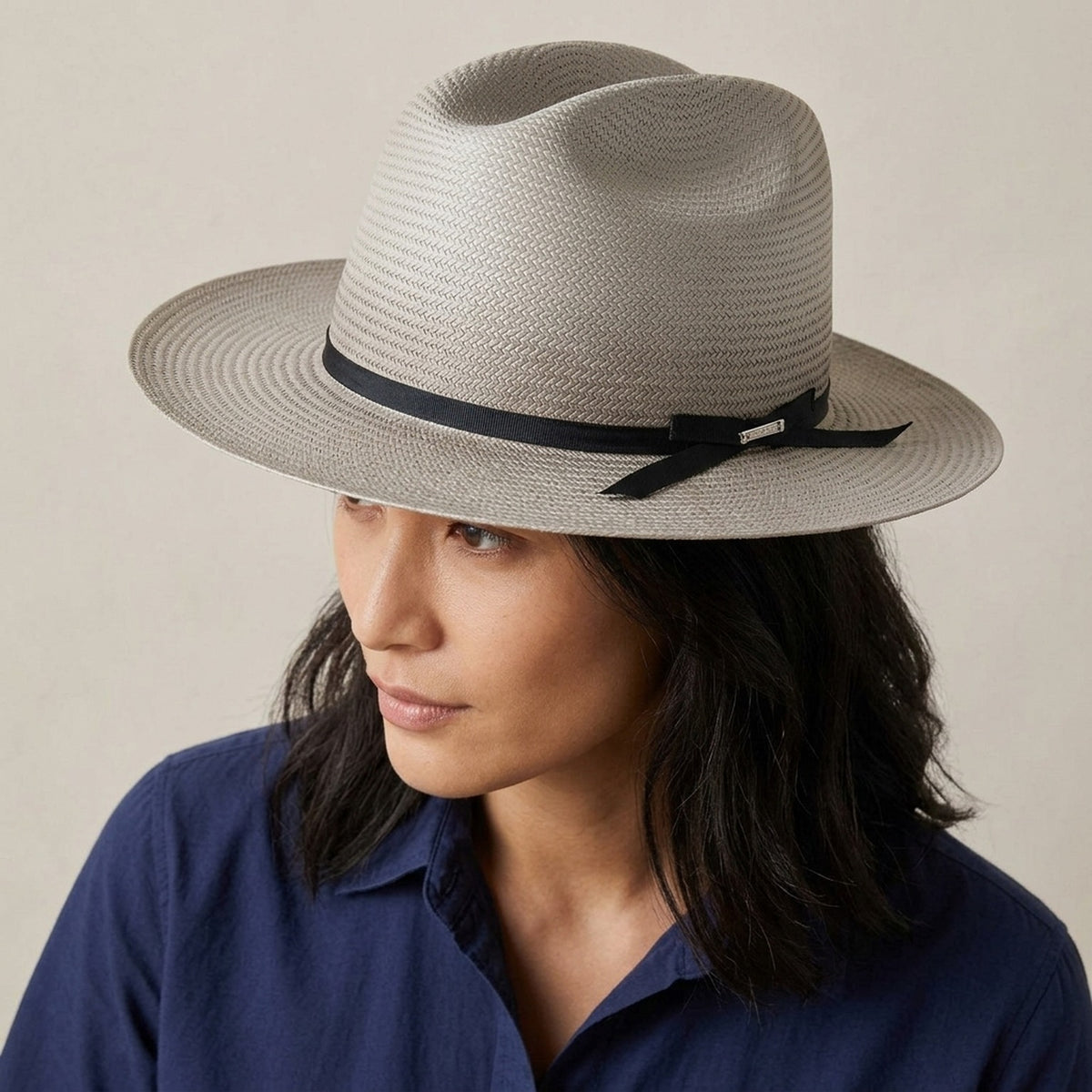 Beige Straw Panama Fedora Hat with Black Grosgrain Band
