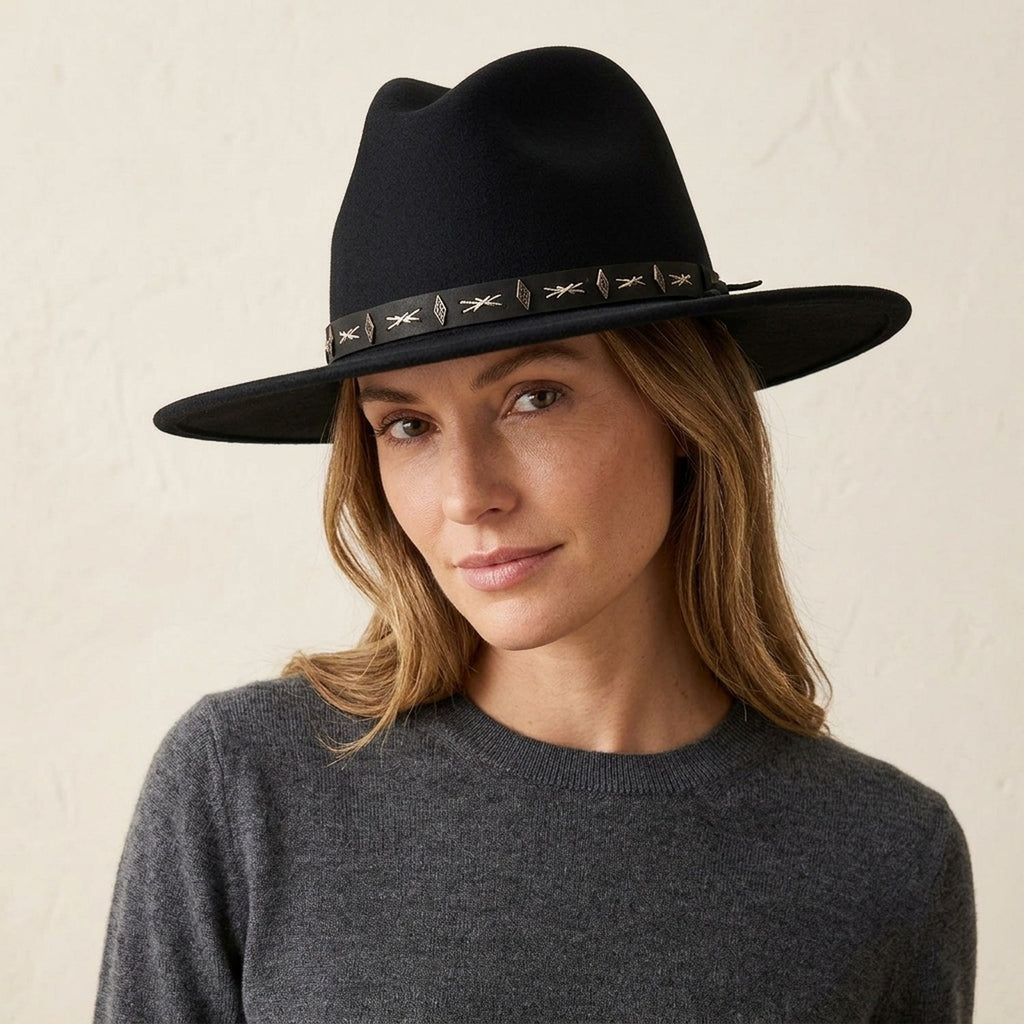 Black Felt Cowboy Hat with Embroidered Band and Side Ties