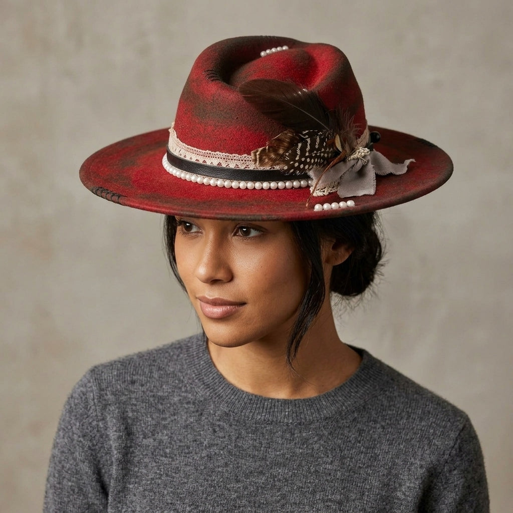Red Distressed Fedora with Pearl Strands, Lace and Feather Bow