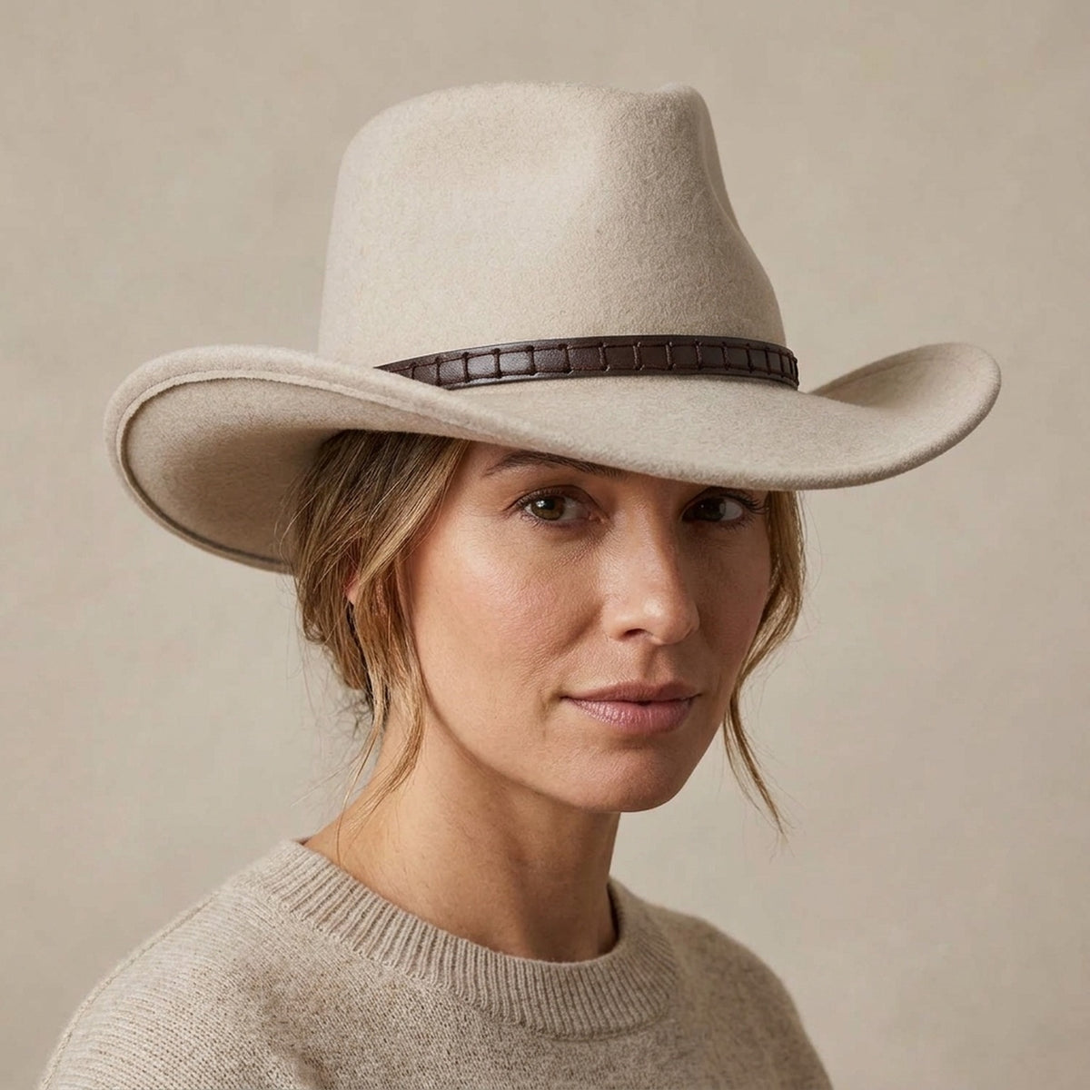 Unisex Cream Western Felt Hat with Braided Leather Band