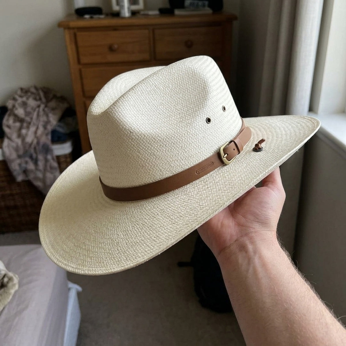 Unisex White Straw Western Hat with Leather Band and Brim Snaps