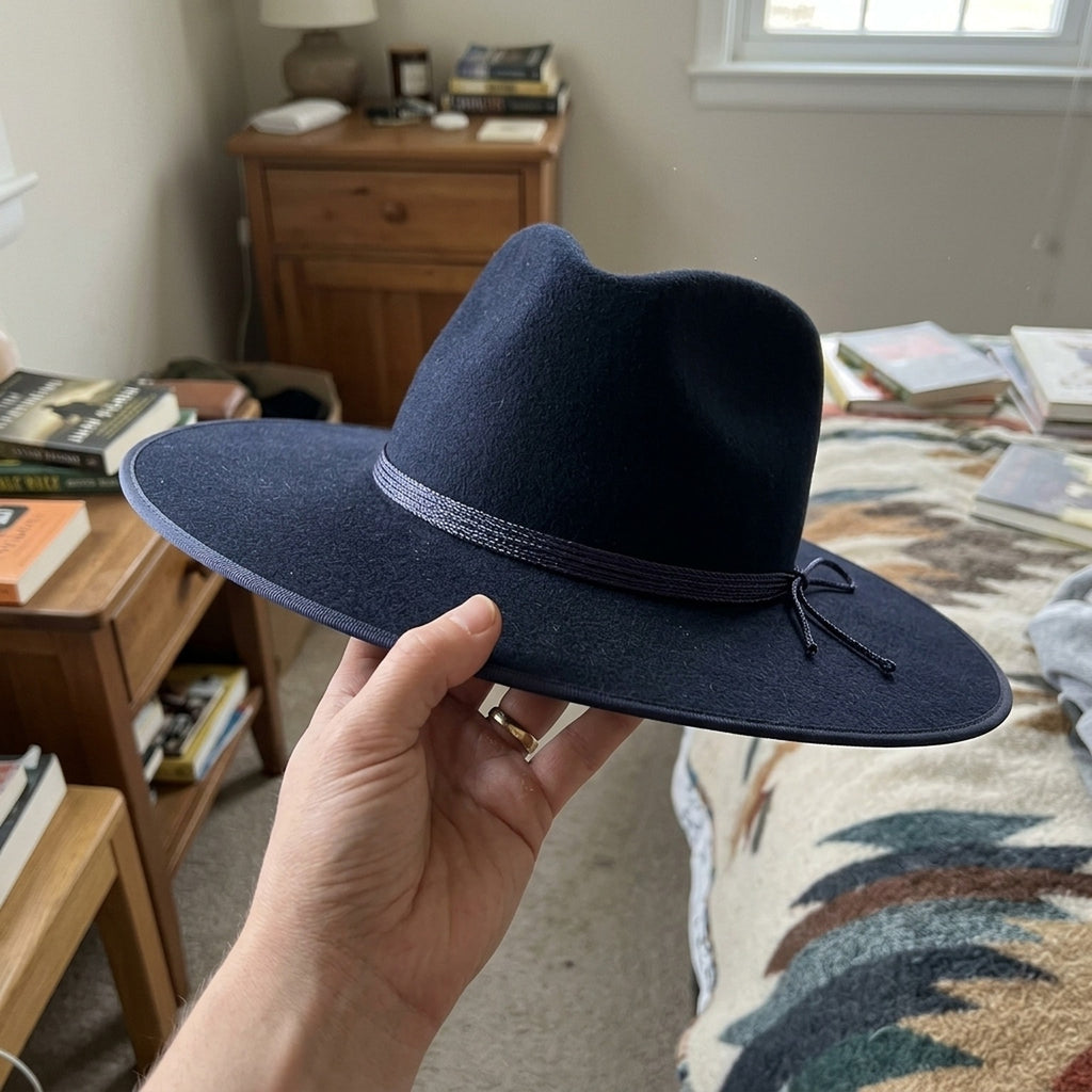 Navy Wool Felt Fedora with Braided Rope Band and Tasseled Trim