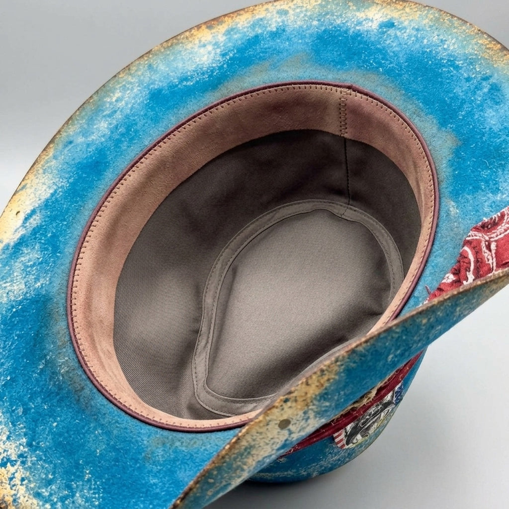Bright Blue Felt Western Hat with Burgundy Band and Skull Card