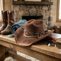 Distressed Brown Cowboy Hat with Paisley Bandana and Jute Rope