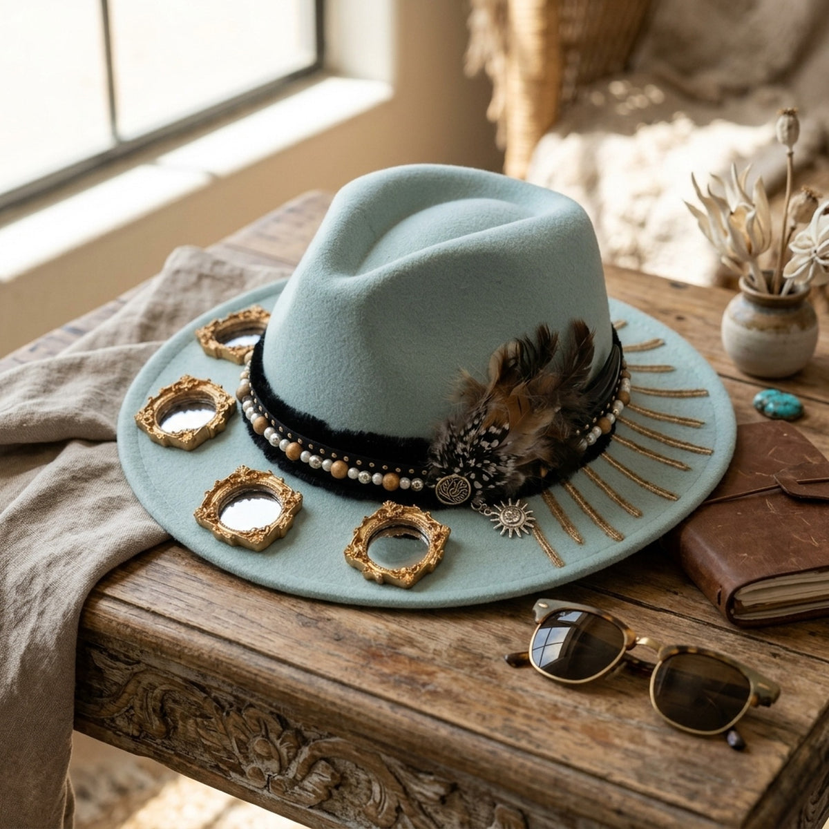 Powder Blue Wide Brim Felt Floppy Hat with Mini Frames Pearls