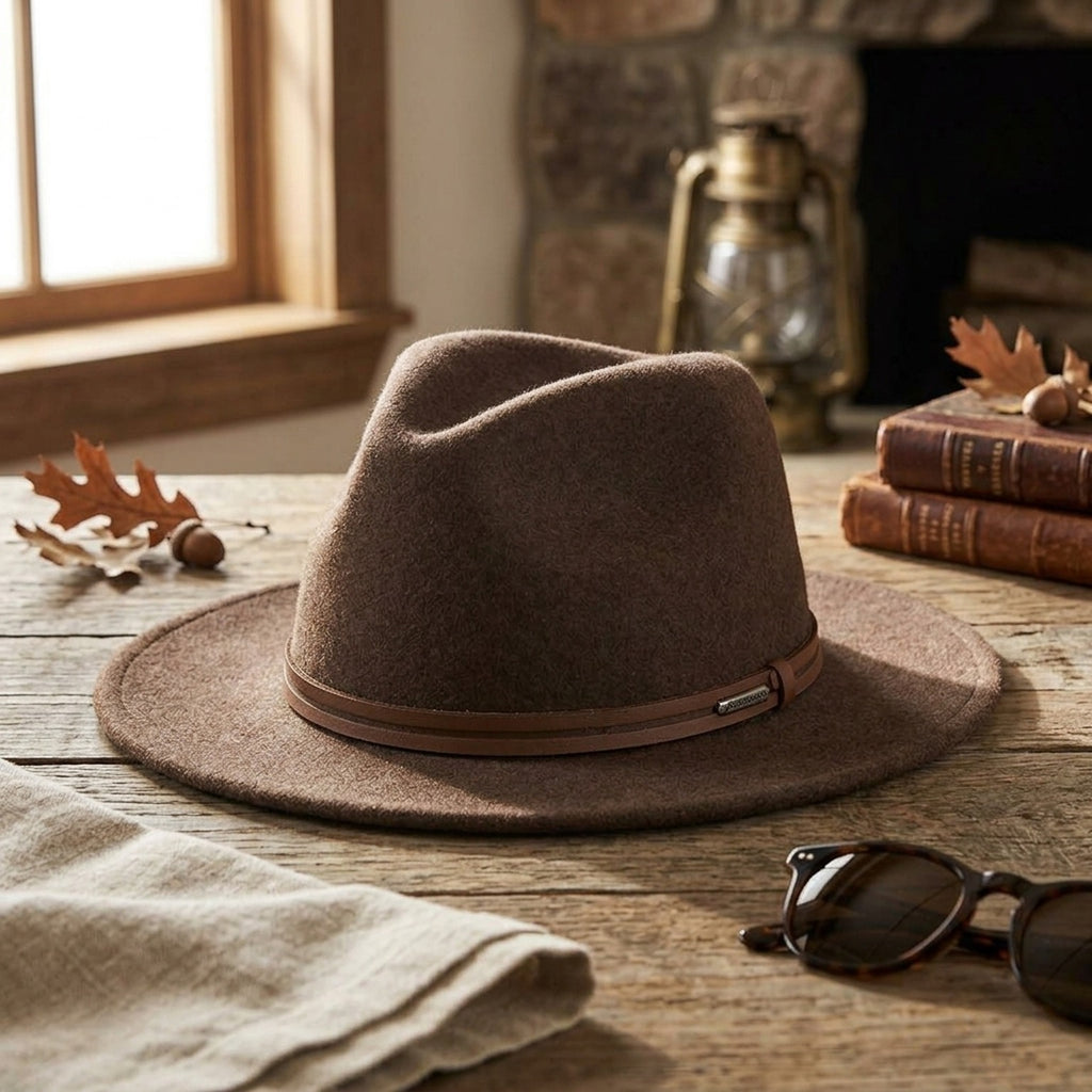 Brown Wool Felt Fedora with Tan Leather Band, Classic Teardrop Shape