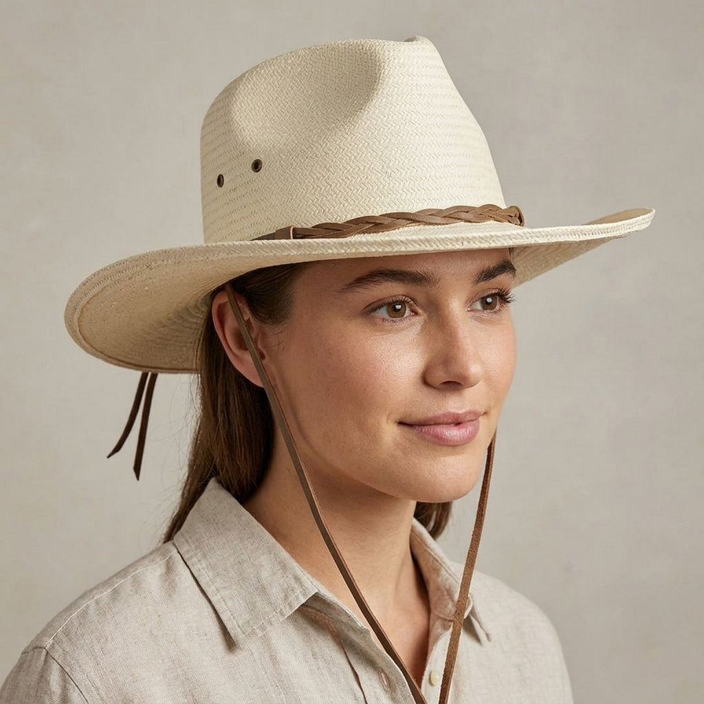 White Straw Fedora Hat with Braided Leather Band and Wide Brim