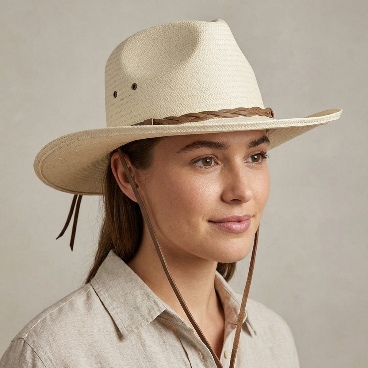 White Straw Fedora Hat with Braided Leather Band and Wide Brim
