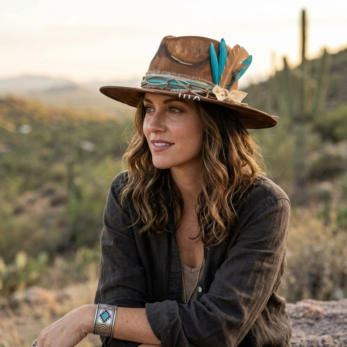 Distressed Brown Wool Felt Western Hat with Turquoise Feather Accents