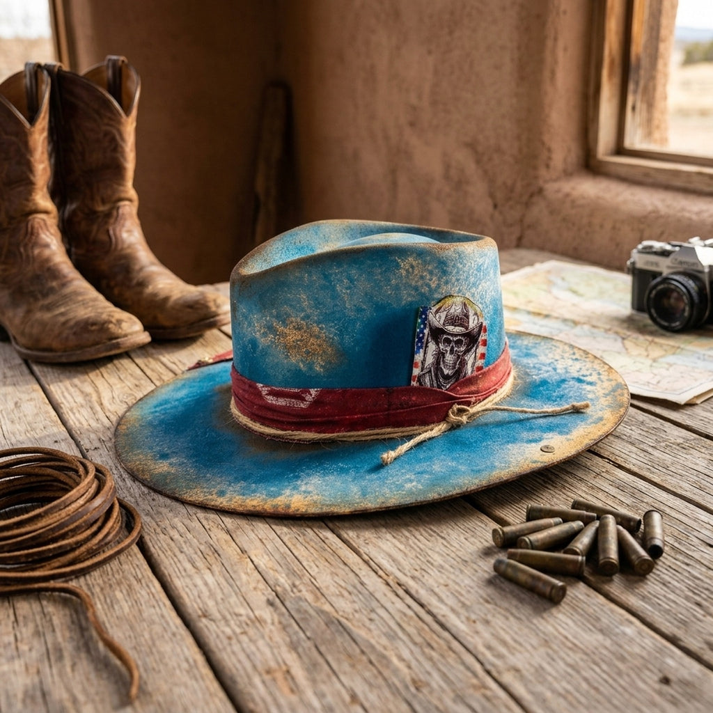 Bright Blue Felt Western Hat with Burgundy Band and Skull Card