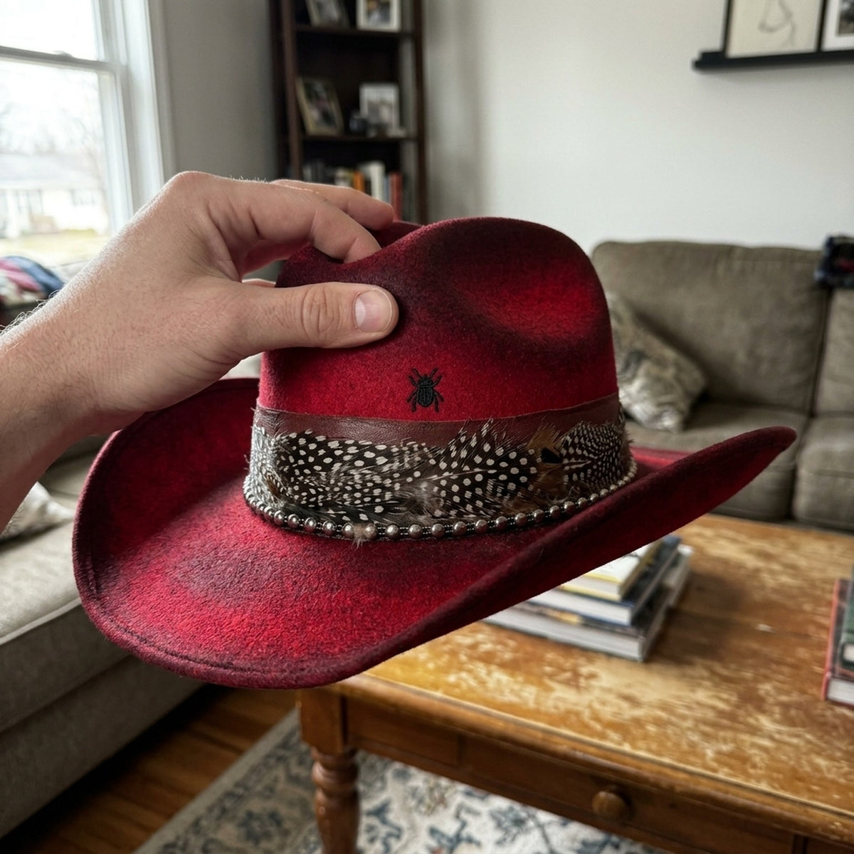 Red Western Hat Polka Dot Feather Silver Beads Bold Statement Ranch