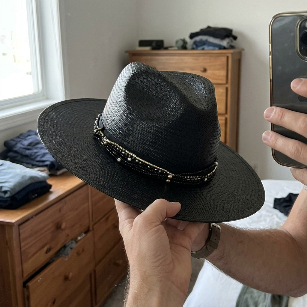 Unisex Black Straw Sun Hat with Beaded Band and Wide Brim