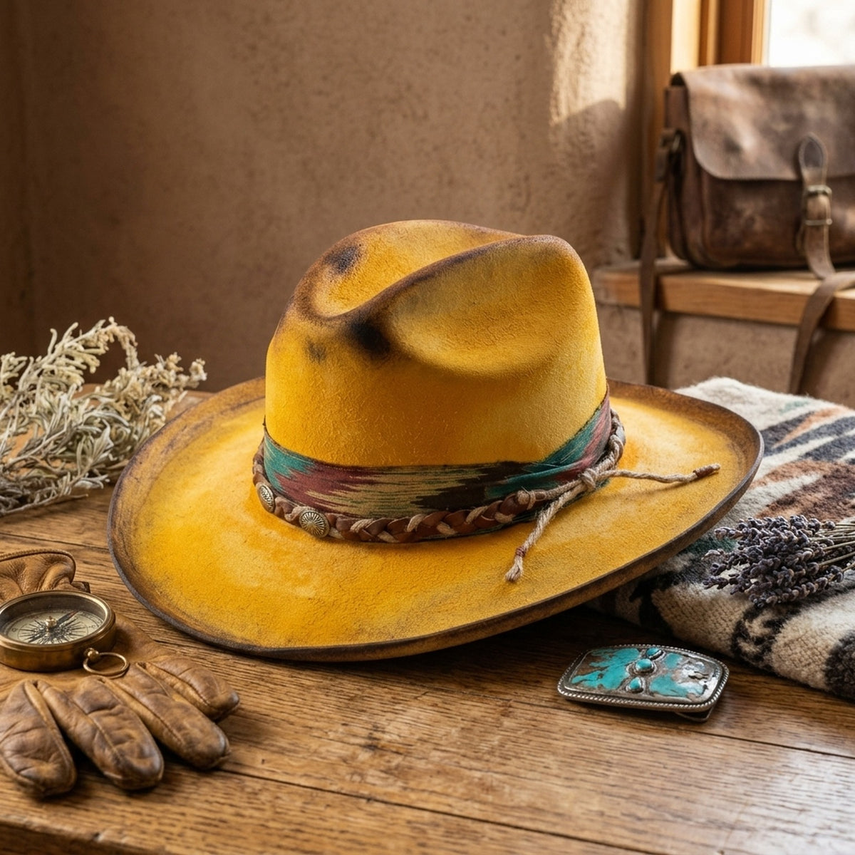Festival Yellow Fedora with Braided Leather Concho Band