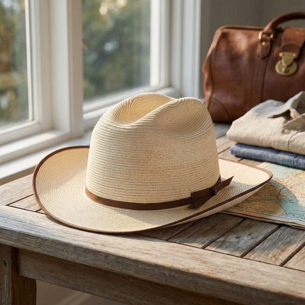 Cream Straw Western Hat with Brown Trim and Ribbon Band
