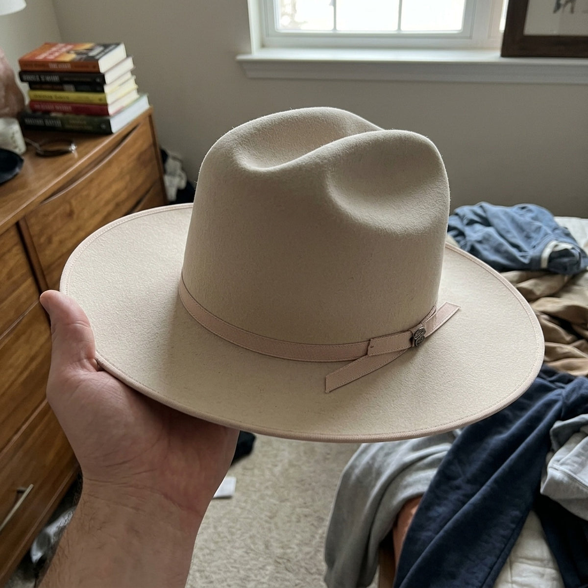 Ivory Wool Felt Western Hat with Band Strap and Pin