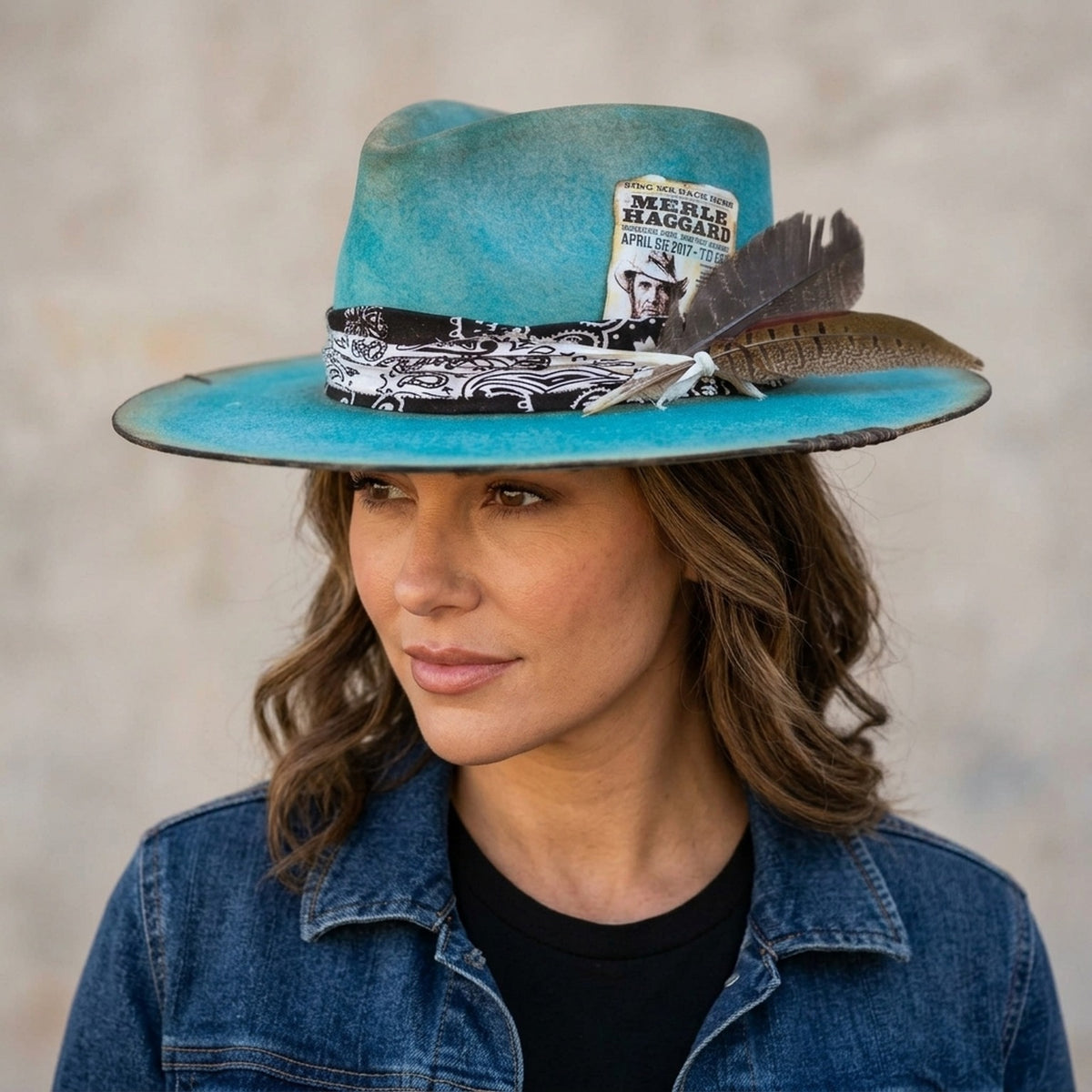 Teal Felt Western Hat with Concert Card Tuck and Feathers
