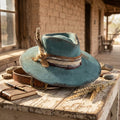 Teal Distressed Felt Fedora with Burlap Wrap and Barbed Wire