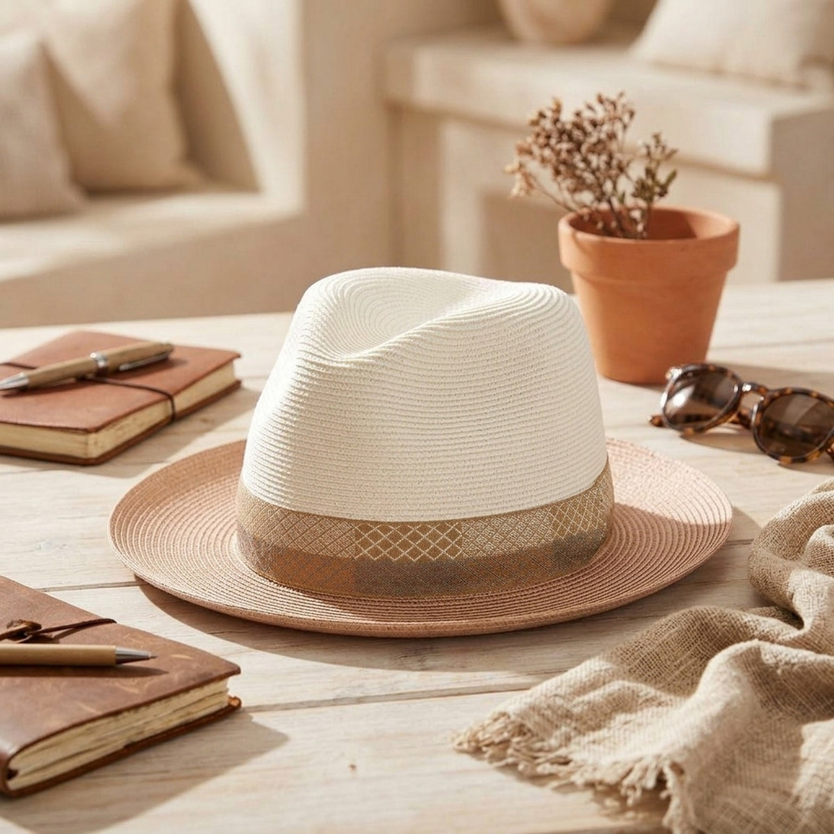 Two-Tone Cream and Tan Straw Sun Hat with Gold Band