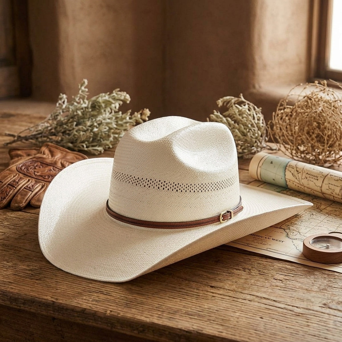 Unisex White Straw Cowboy Hat with Perforated Crown Band