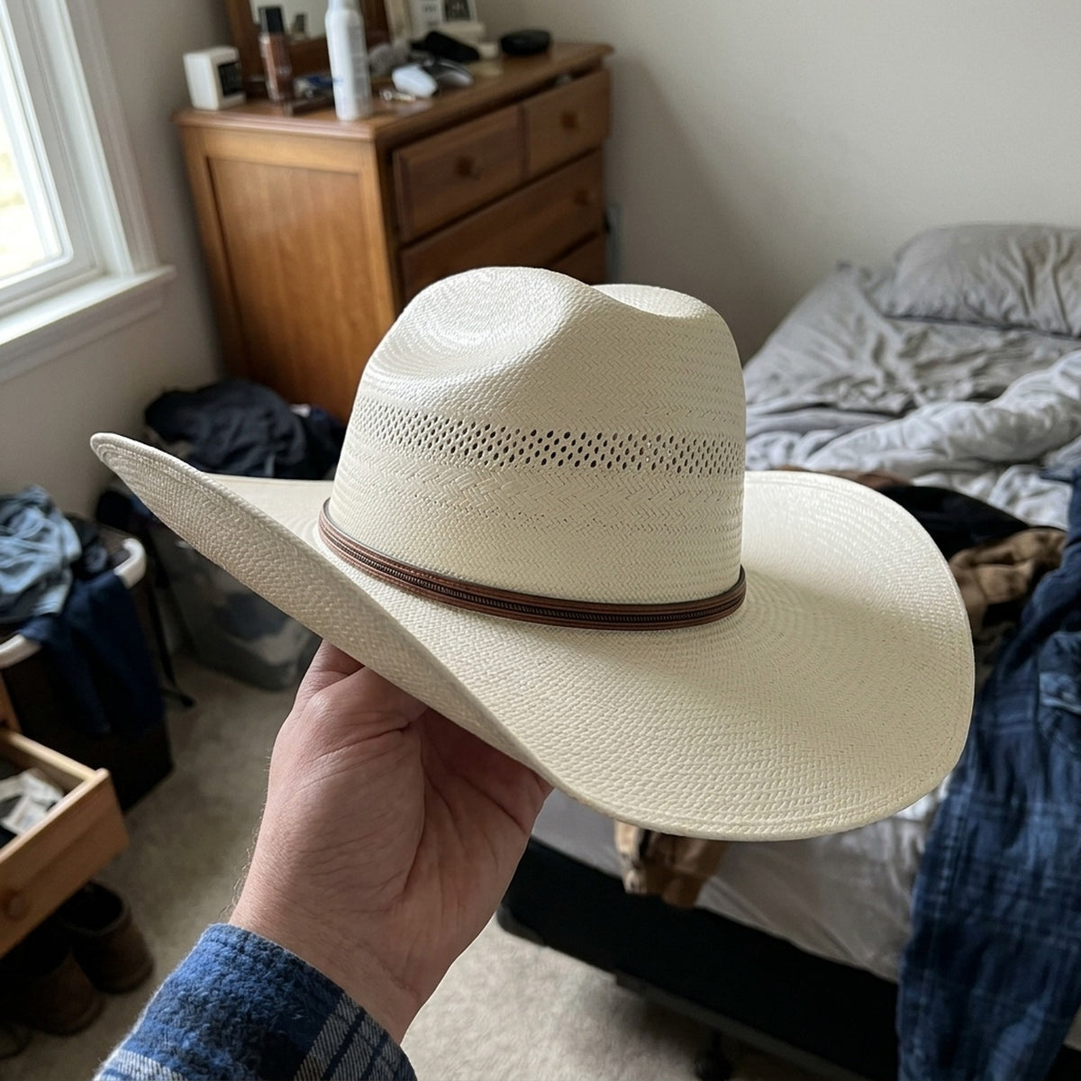 Unisex White Straw Cowboy Hat with Perforated Crown Band