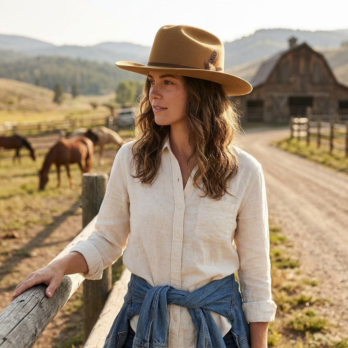 Unisex Mustard Wool Felt Western Hat with Feather Band