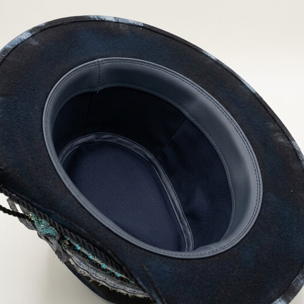 Black Felt Fedora with Tie-Dye Brim Lizard Charm Beaded Trim