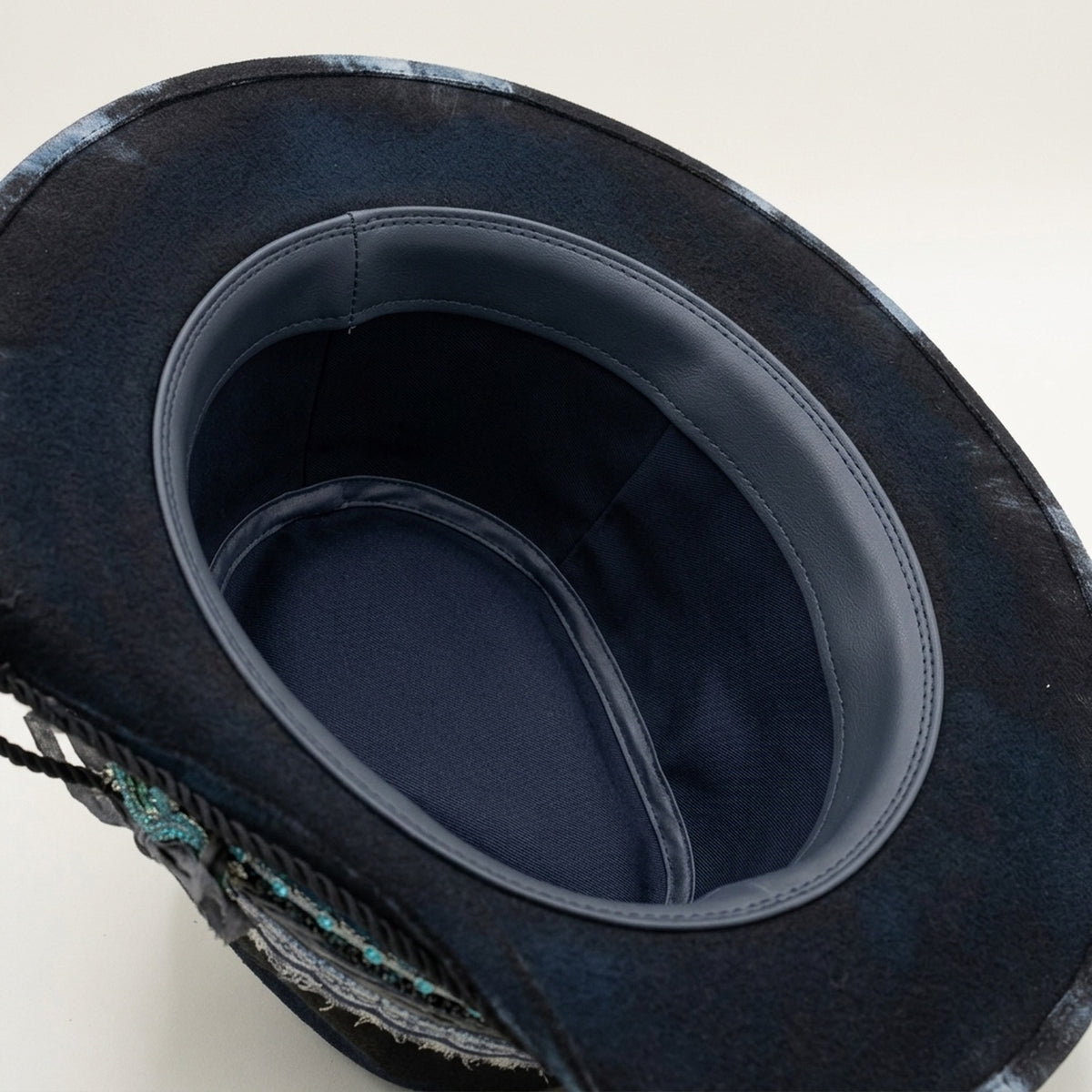 Black Felt Fedora with Tie-Dye Brim Lizard Charm Beaded Trim