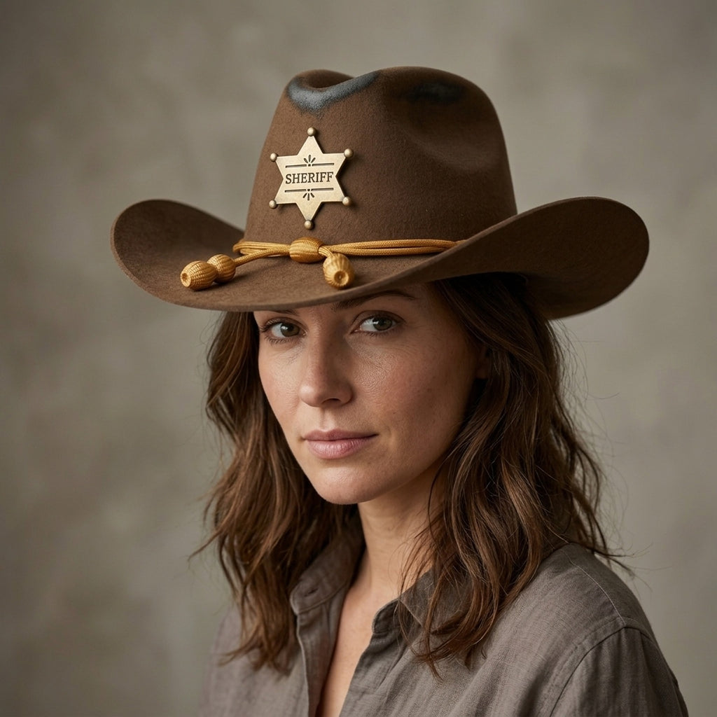 Brown Felt Cowboy Hat Sheriff Star Badge Gold Cord Band