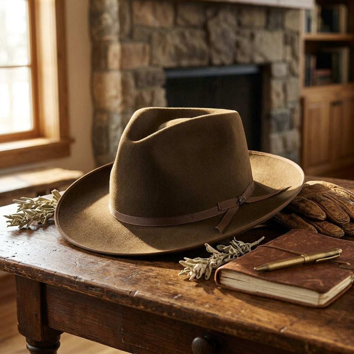 Dark Olive Wool Felt Fedora with Grosgrain Strap and Buckle