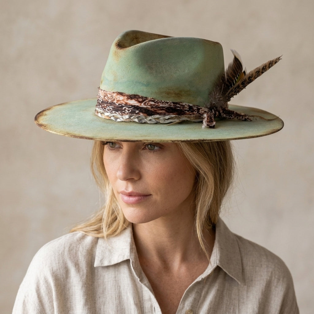 Aged Teal Fedora with Paisley Band and Natural Feather Detail