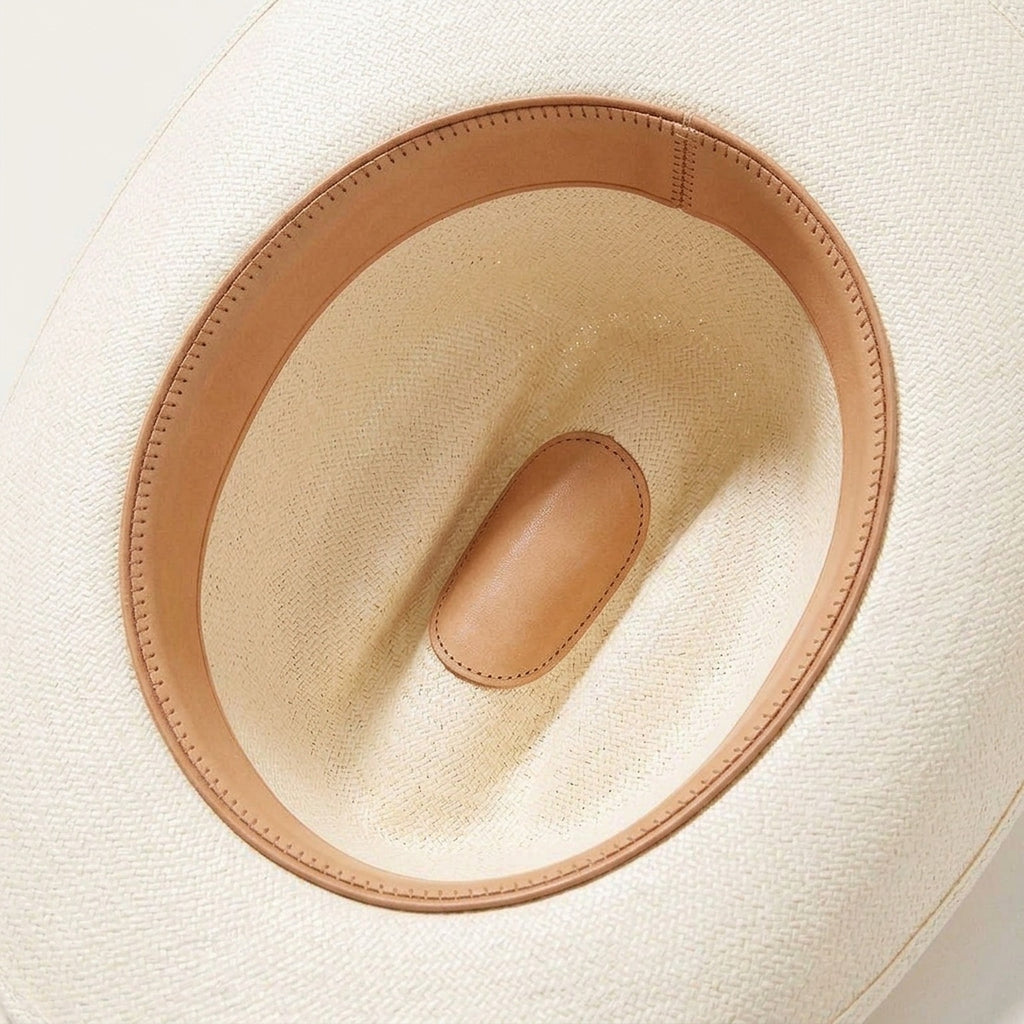 Unisex White Straw Cowboy Hat with Tooled Leather Stud Band