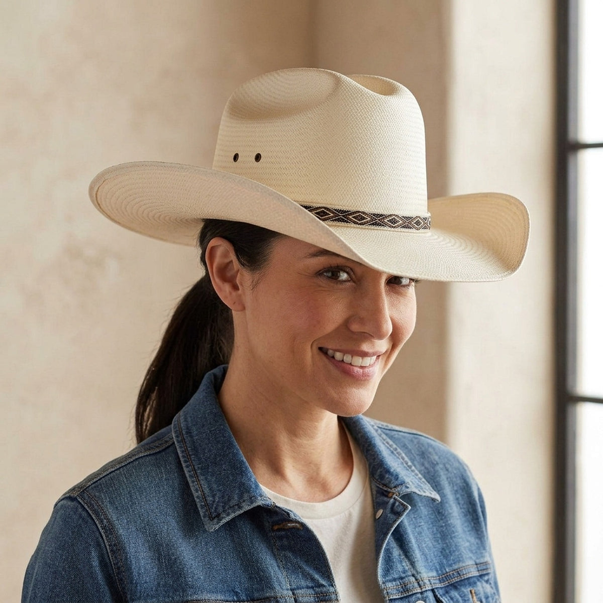 Ivory Straw Western Hat with Geometric Patterned Woven Band
