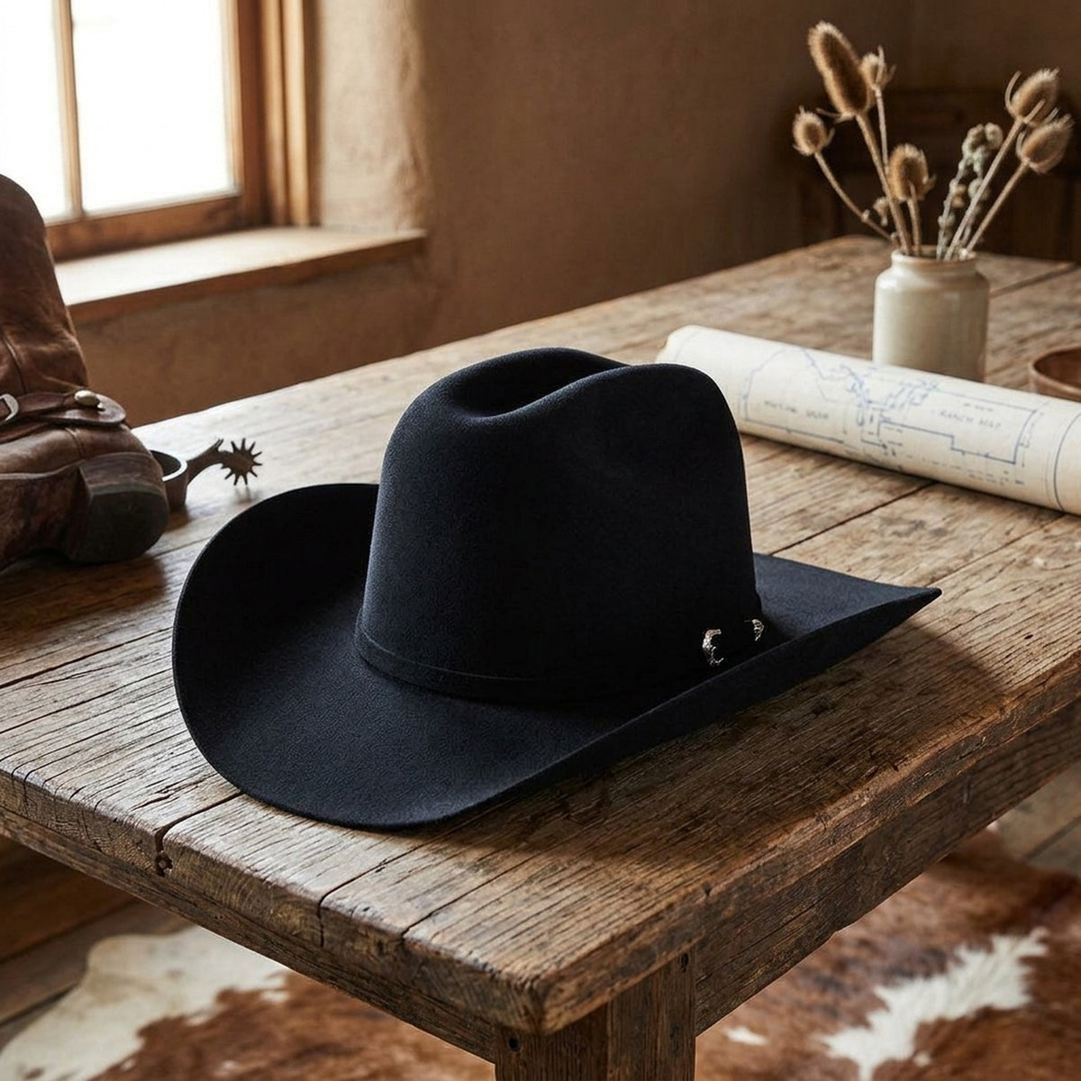 Black Wool Felt Cowboy Hat with Silver Pin Side Detail