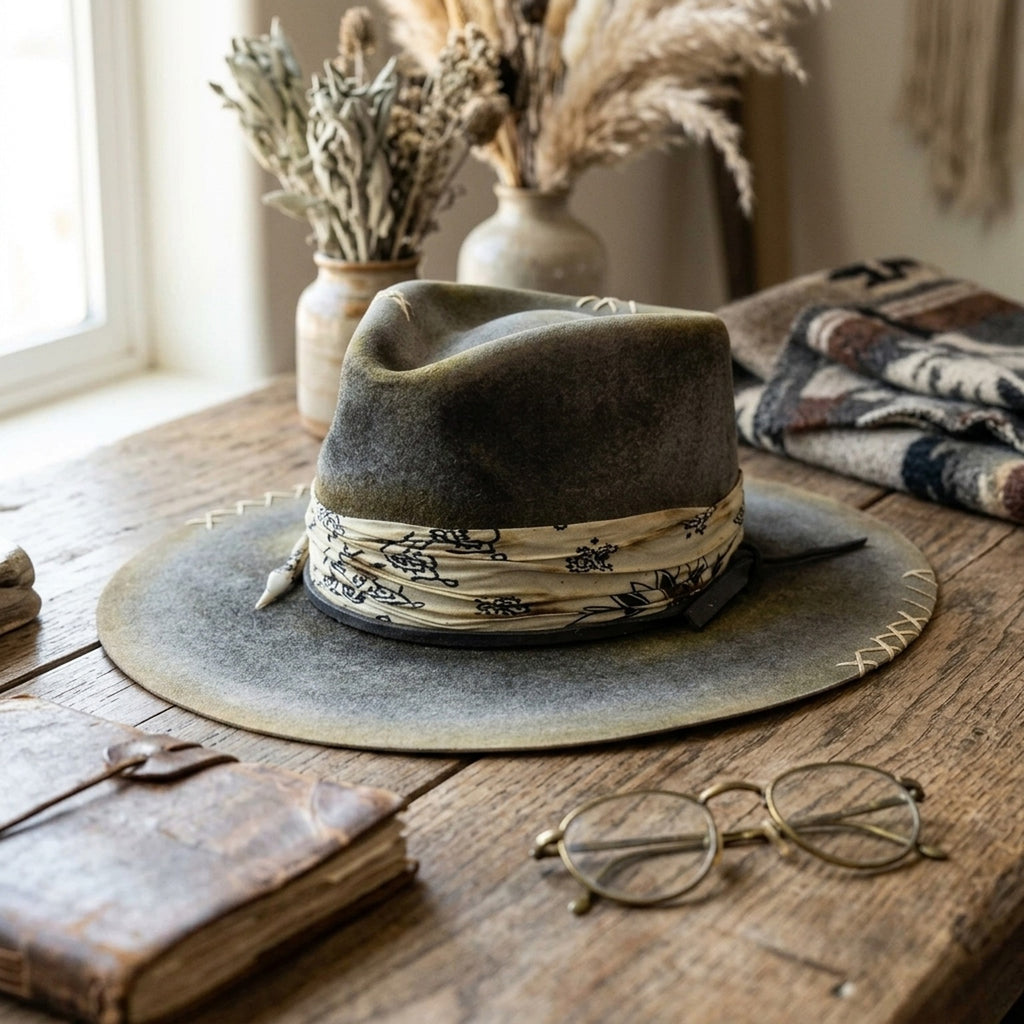 Olive Felt Western Hat with Bandana Band and Stitched Brim