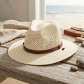 Ivory Straw Fedora Hat with Wood Toggle Band and Open Vent