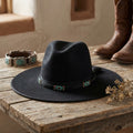 Black Wool Felt Fedora with Turquoise Beaded Diamond Band, Boho