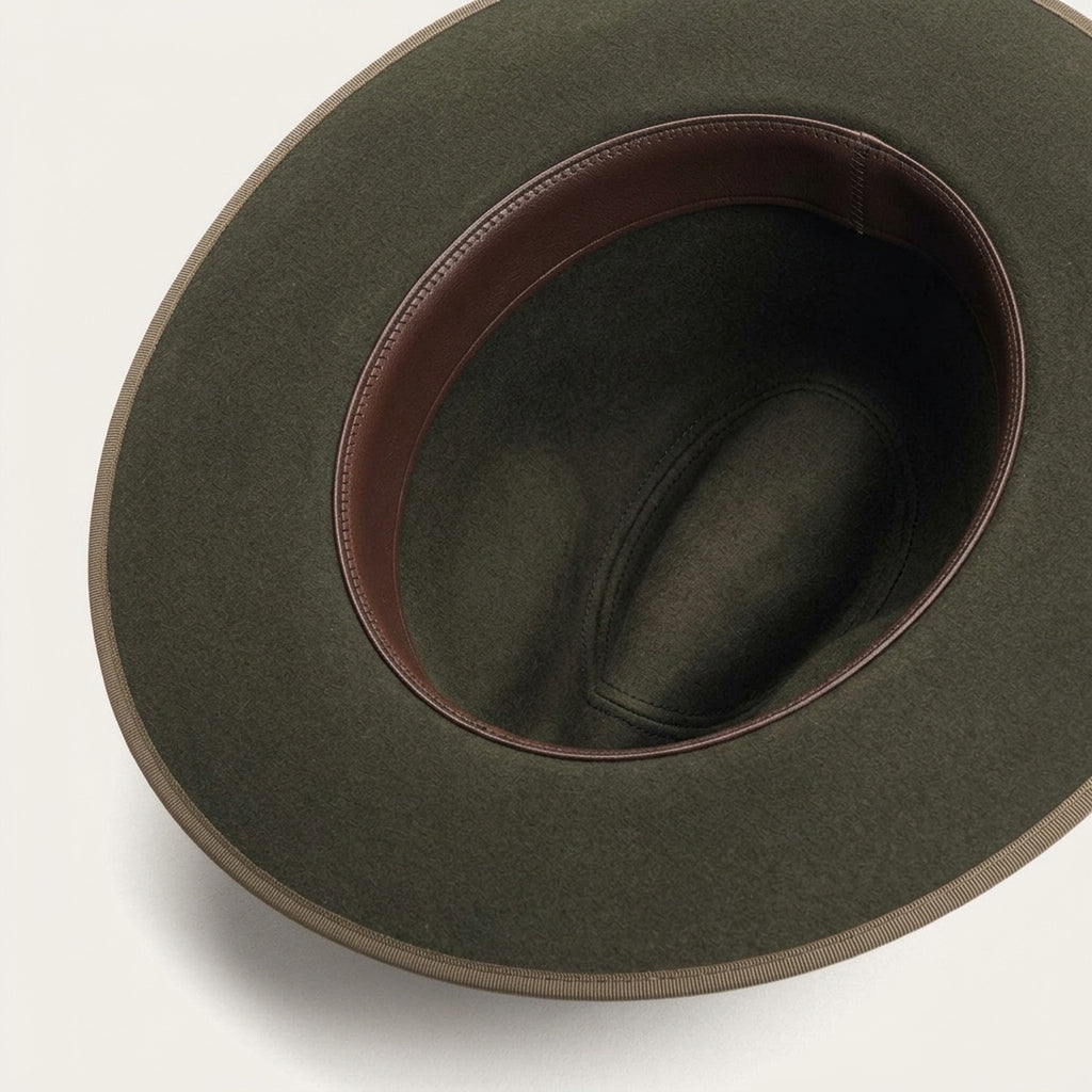 Distressed Olive Felt Fedora with Feather and Bone Accent