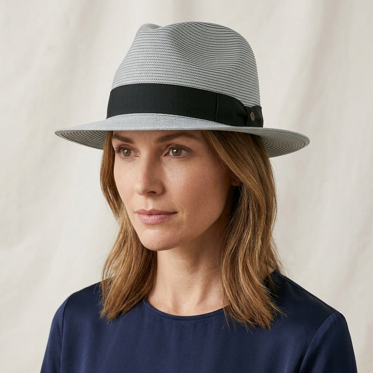 Gray Straw Fedora Hat with Black Ribbon Band for Outdoor Events