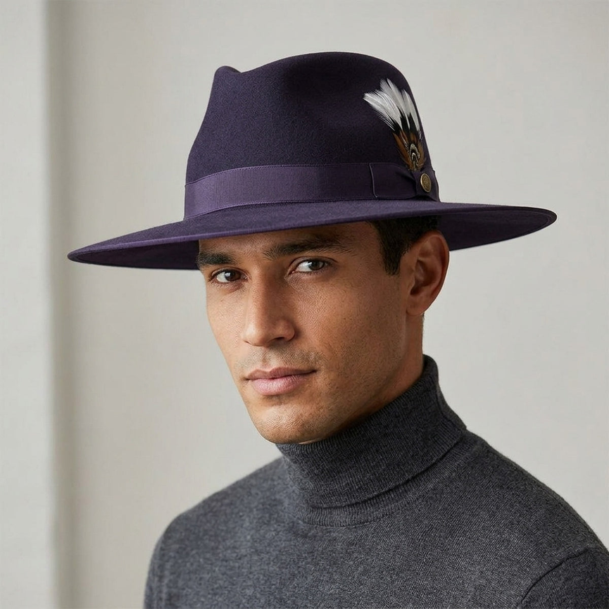 Navy Wool Felt Fedora Hat with Wide Brim and Band