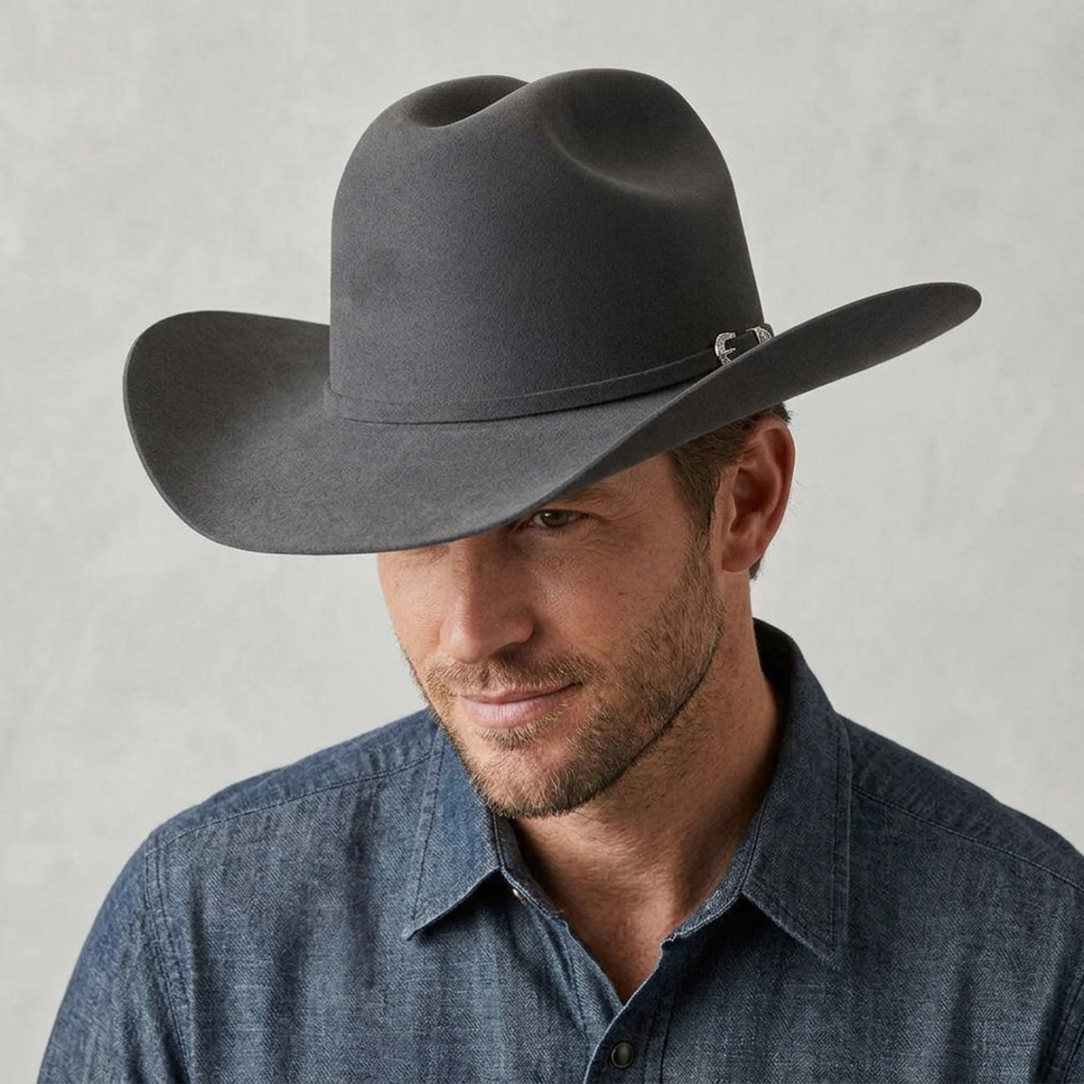 Charcoal Wool Felt Western Hat with Matching Band and Pin Detail