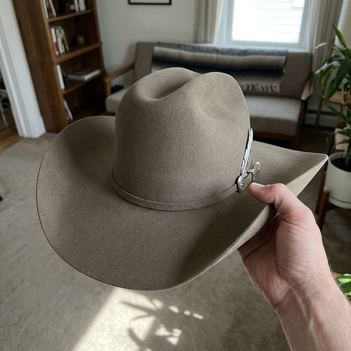 Camel Brown Felt Cowboy Hat with Pinched Crown and Curled Brim