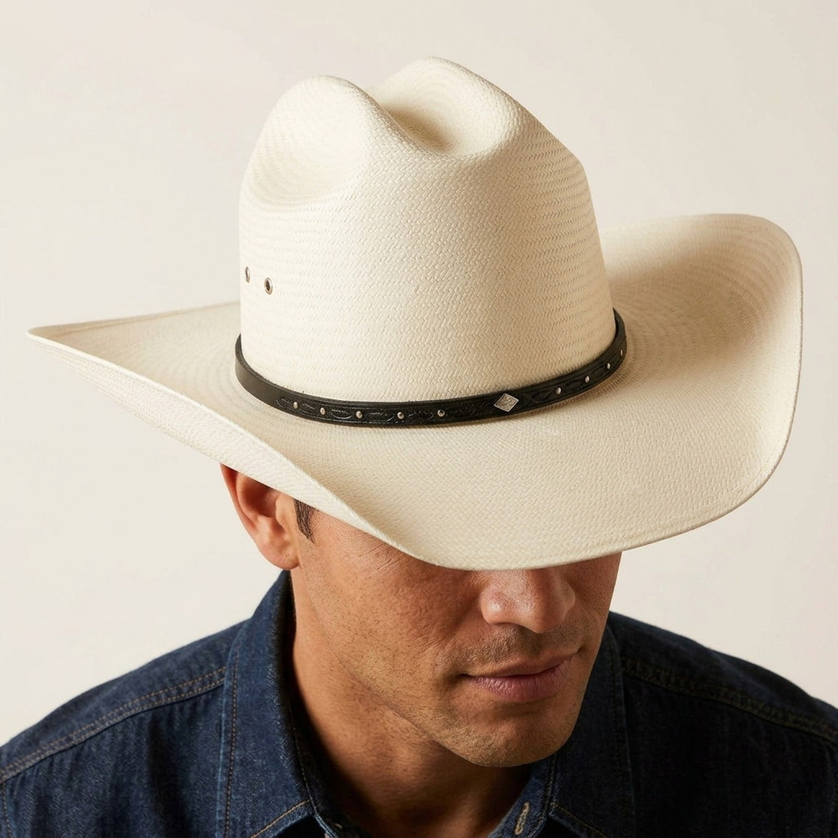 White Straw Cowboy Hat with Studded Leather Band and Concho