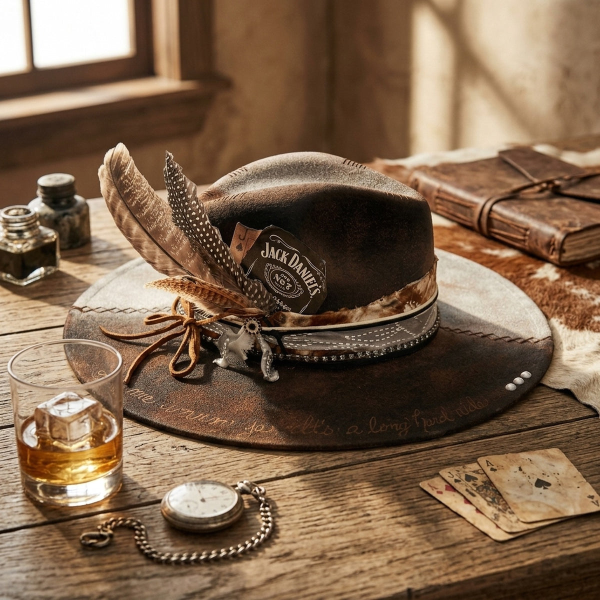 Dark Brown Fedora with Whiskey Patch, Feathers and Bullet Charm