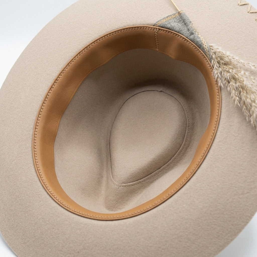 Sand Felt Fedora With Linen Band And Wheat Stem Accent