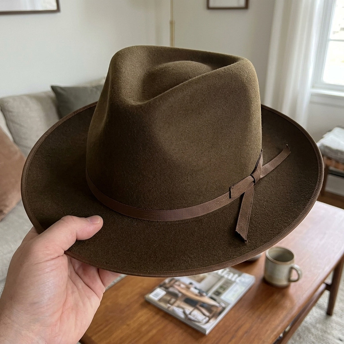 Dark Olive Wool Felt Fedora with Grosgrain Strap and Buckle