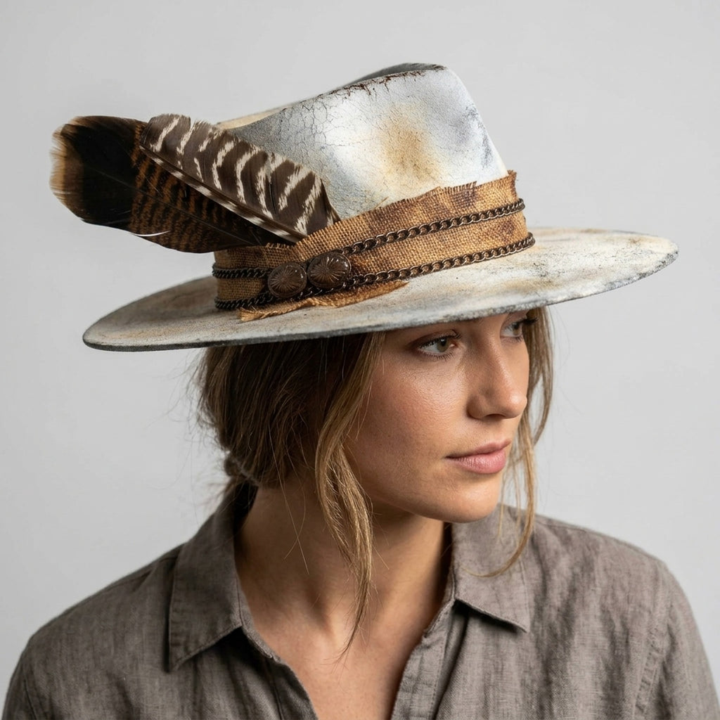 Crackled White Fedora with Burlap Band, Chain, and Tall Feather