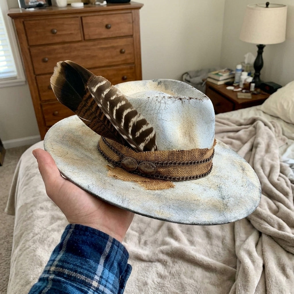 Crackled White Fedora with Burlap Band, Chain, and Tall Feather