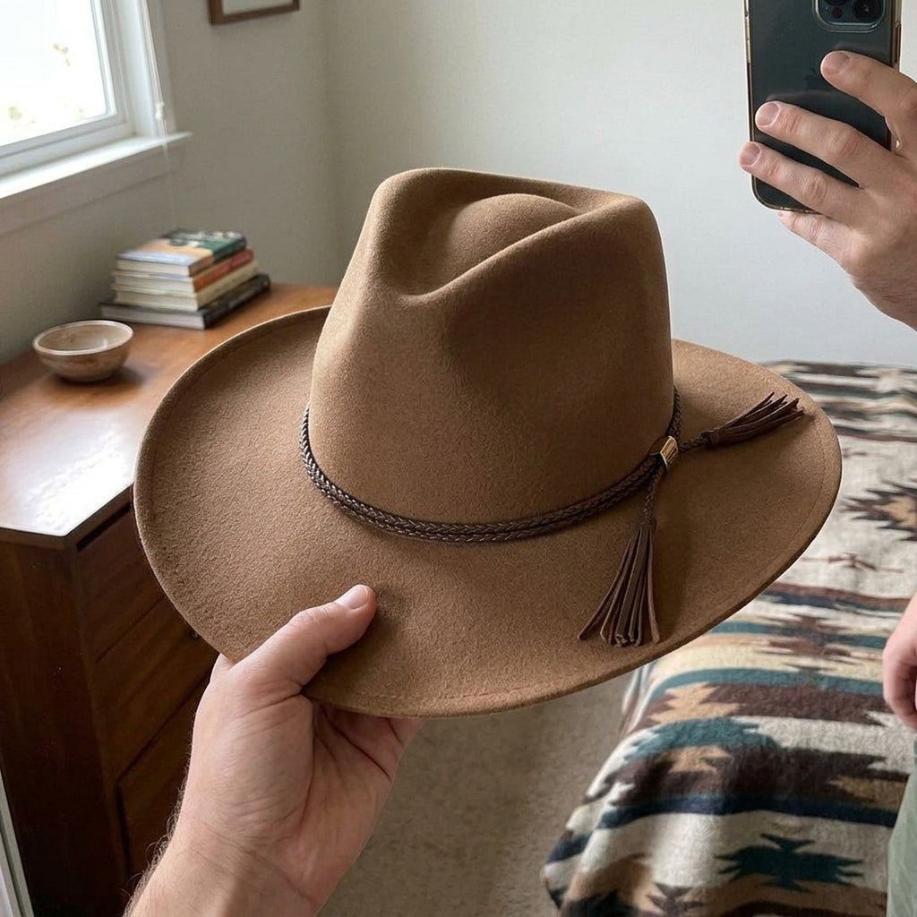 Camel Wool Felt Cowboy Hat with Braided Rope Tassel Band